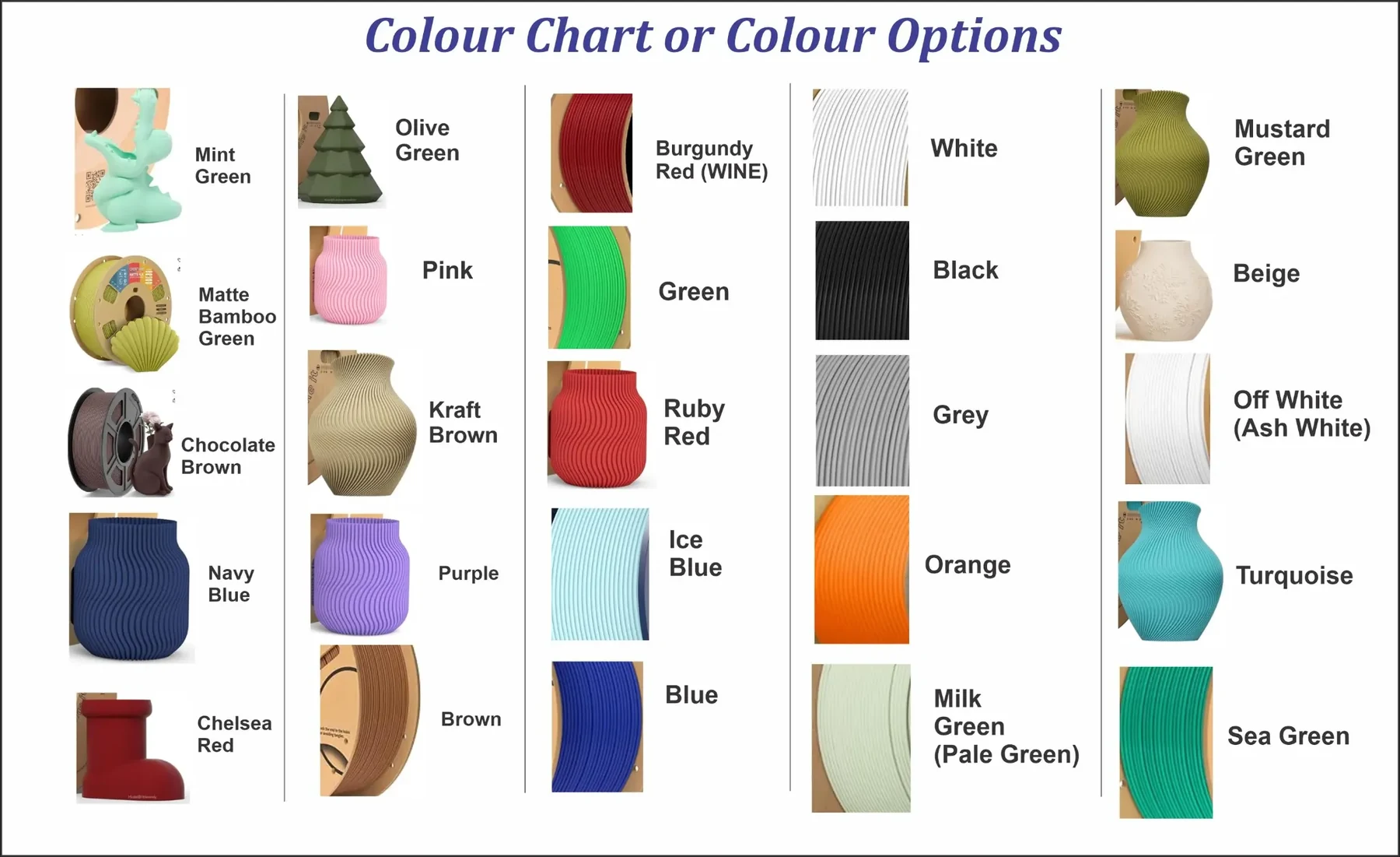 AddiTechLab colour chart and colour options reference